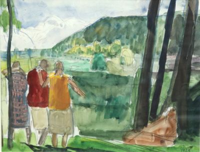 tableau représentant un groupe de personnes debout dans une forêt près d'un lac