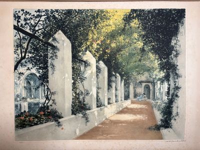 une image représentant une peinture d'une allée dans un jardin