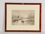 tableau représentant un bateau sur une rivière, avec une maison en arrière-plan