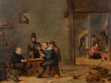 peinture d'un groupe de personnes assises autour d'une table dans une pièce