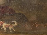 an old painting of a woman and a dog in a dark room