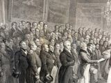 a drawing of a crowd of people standing in front of a stage