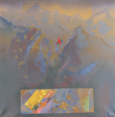 a painting of a mountain with a red object in it