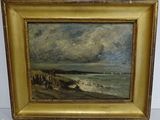 an oil painting of a beach scene with people on the shore