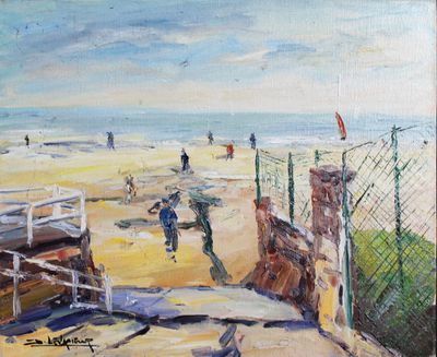 une peinture de personnes sur la plage au bord de l'eau