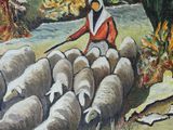 a painting of a man herding a flock of sheep