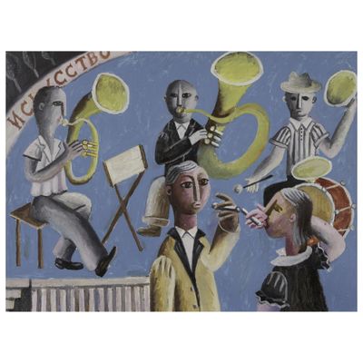 un tableau représentant un groupe de personnes jouant d'instruments de musique