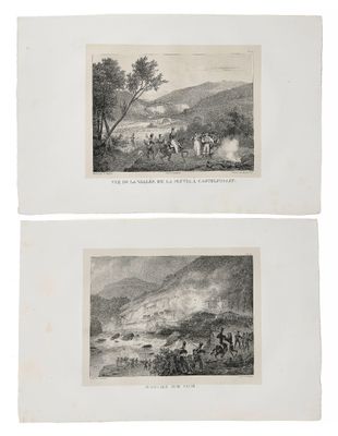 deux gravures représentant la bataille de Waterloo et la bataille de Waterloo, avec une vue de la bataille de Waterloo