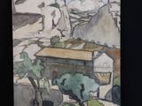 a picture of a painting of a house in the mountains
