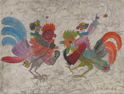 peinture représentant deux coqs aux plumes colorées sur un mur blanc