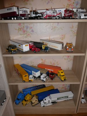 de nombreux camions miniatures sur les étagères de la pièce