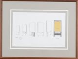 drawing of a line of doors with a yellow door in the middle of them