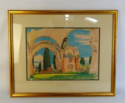 tableau représentant un bâtiment, dans un cadre doré