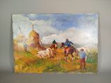 tableau représentant deux hommes à cheval dans un champ, avec un moulin à vent en arrière-plan