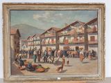 a painting of a street scene with people and a dog