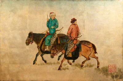 tableau représentant deux hommes à cheval dans un champ, avec le ciel en arrière-plan