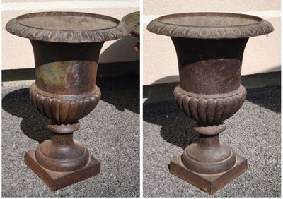 two different pictures of a vase on the ground