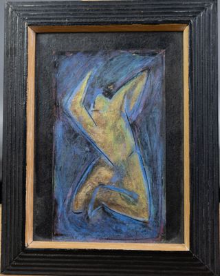 tableau représentant une femme dans un cadre noir, sur fond bleu et jaune