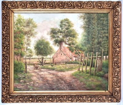F. LECONTE (école début XXe). "Entrée de ferme", huile sur t…