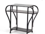 a black metal console table with a glass top