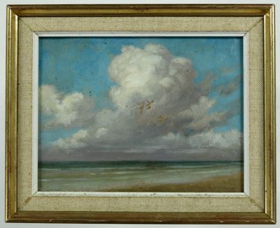 une peinture à l'huile représentant un ciel nuageux au-dessus de l'océan, avec des oiseaux volant dans le ciel