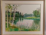 une photo d'un tableau représentant un lac dans les bois