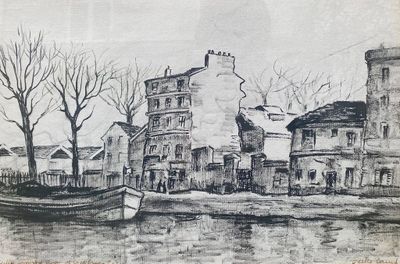 drawing of a boat in a body of water next to a building