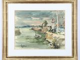 an image of a watercolor painting of a lighthouse on a beach