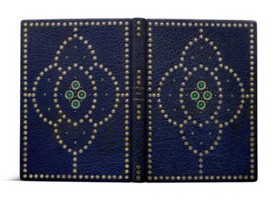 a blue book with gold studding and green eyes