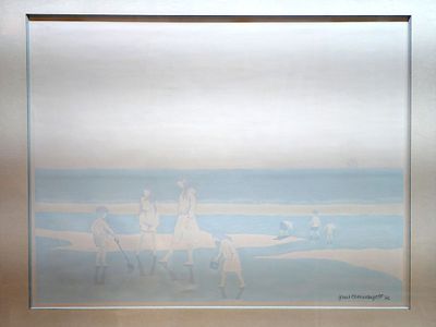 a picture of a painting of people riding horses on the beach