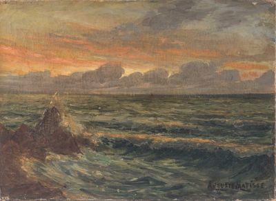 une image d'un tableau représentant un coucher de soleil sur une étendue d'eau