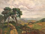 une image représentant un tableau représentant un paysage avec des arbres et des collines