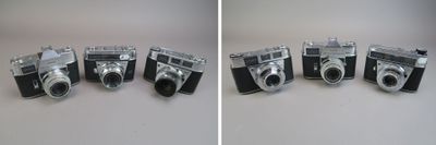 three pictures of a couple of old cameras sitting on top of a table