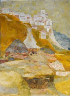 une peinture à l'huile représentant un paysage désertique avec un village au loin