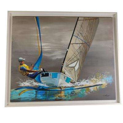 painting of a man on a sailboat in a body of water