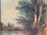 an oil painting of a river scene with trees and water