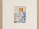 an image of a watercolor painting of a woman sitting on a couch