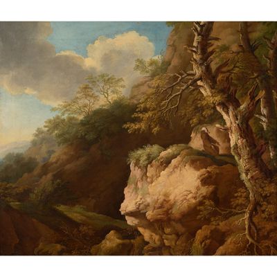 une peinture à l'huile représentant un paysage rocheux avec une rivière et des arbres au premier plan