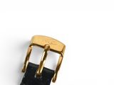 gold buckle on a black leather belt on a white surface