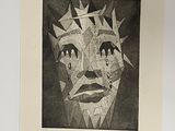 a black and white drawing of a man with a crown on his head