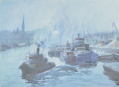 un tableau représentant des bateaux dans un port, avec une église en arrière-plan