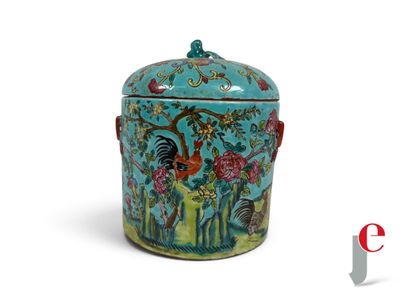 a blue and green container with a rooster design on it