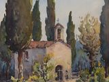 une image représentant un tableau d'une église entourée d'arbres