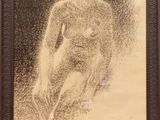 un dessin représentant une femme nue, dans un cadre marron