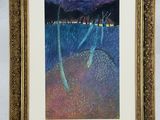 tableau encadré représentant des bateaux sur l'eau la nuit