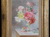 painting of a vase of flowers on a table with a humming