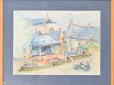 framed watercolor painting of a house and a boat on the water