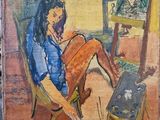 tableau représentant une femme assise sur une chaise devant un tableau représentant une femme