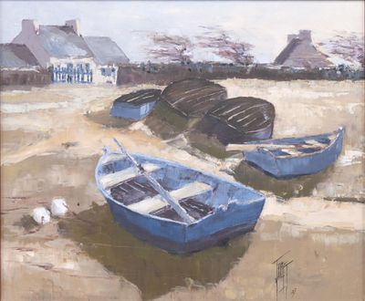 tableau représentant trois bateaux sur la plage, avec une maison en arrière-plan