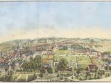 tableau représentant une vue d'une ville avec une colline en arrière-plan